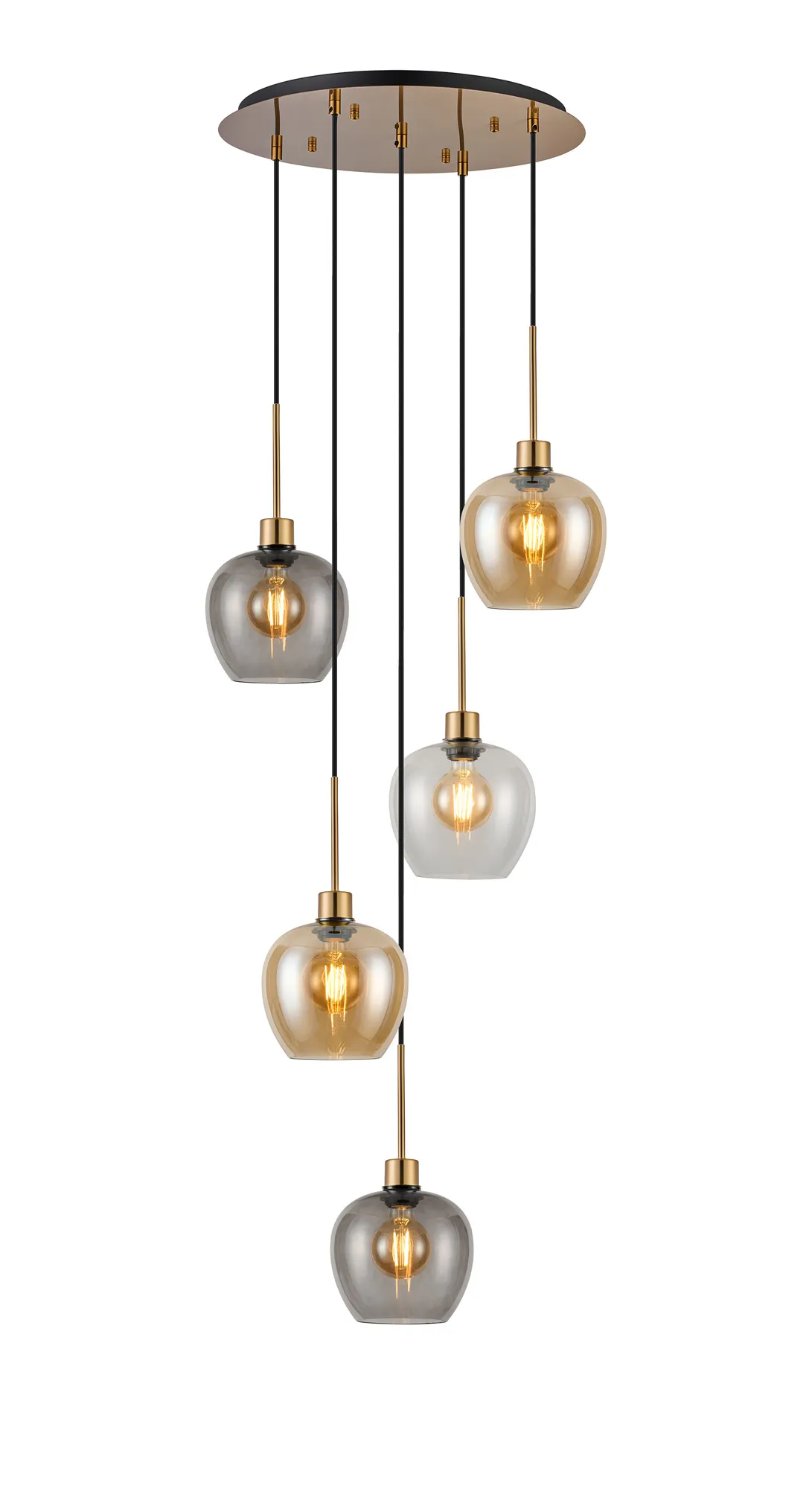 DK1198  Lori 45cm Round Pendant, 5 Light Adjustable E27, Antique Gold/Amber/Clear/Smoke Wine Shades